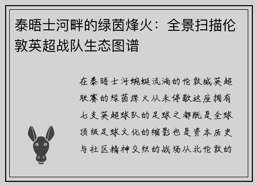 泰晤士河畔的绿茵烽火：全景扫描伦敦英超战队生态图谱