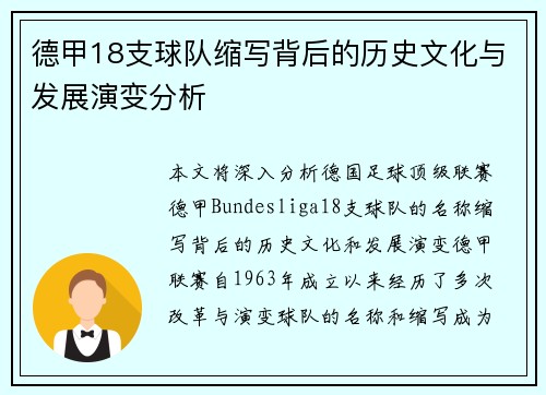 德甲18支球队缩写背后的历史文化与发展演变分析